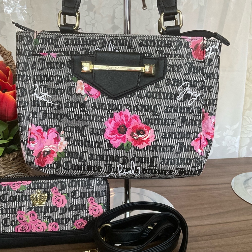 Juicy Couture Black and Pink Shoulder Bag With Matching Zip Around Wallet - Picture 2 of 6